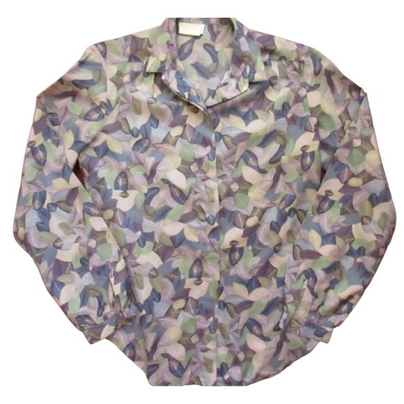 Vintage Womens Blouse Small 1980's Purple Leaf Print College Town Top Polyester - Picture 1 of 6